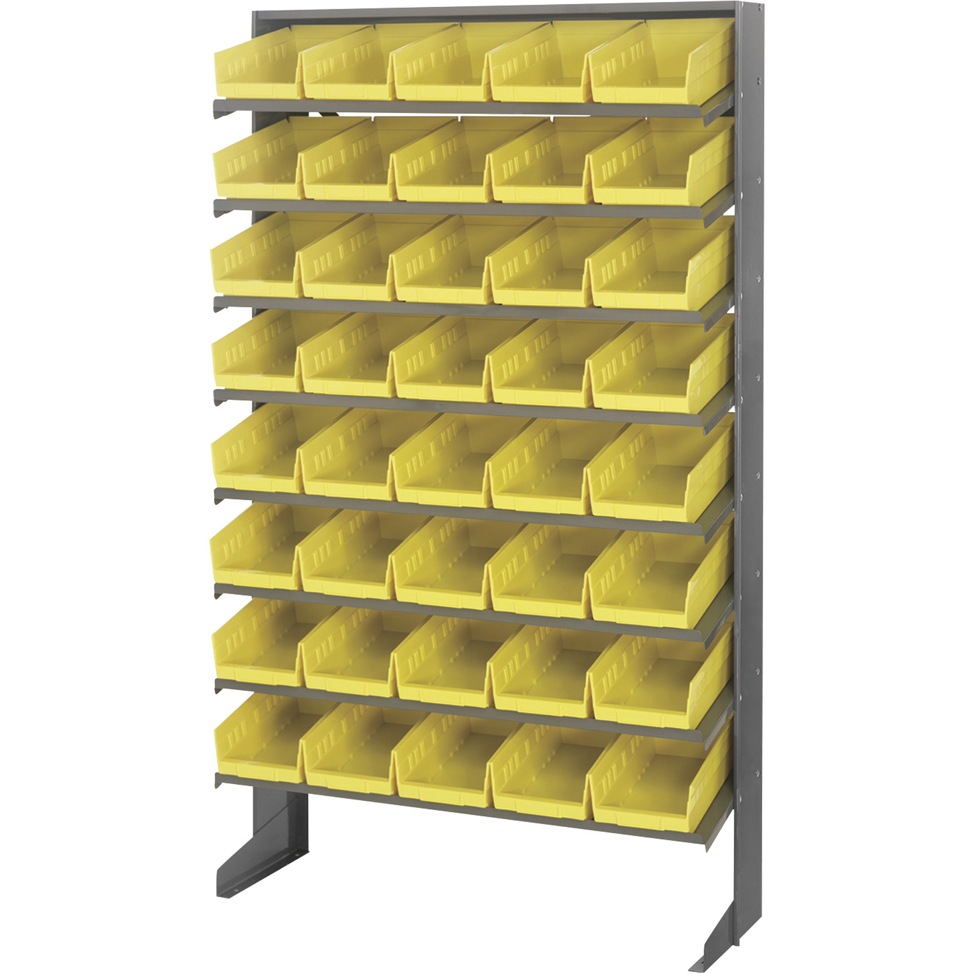 Quantum Storage Single Side Sloped Storage Shelves With 40 Bins, 12in. x 36in. x 60in. Size, Yellow, Model# QPRS-102YL